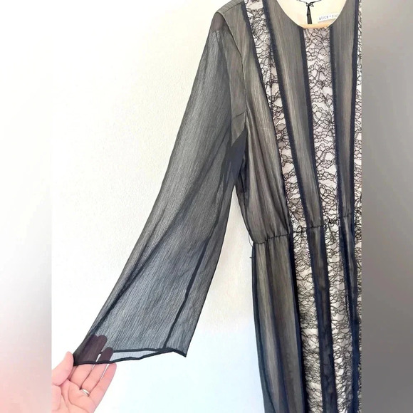 Alice + Olivia Kye Chiffon Lace Front Sheer Black & Nude Long Sleeve‎ Maxi Dress - Picture 4 of 15